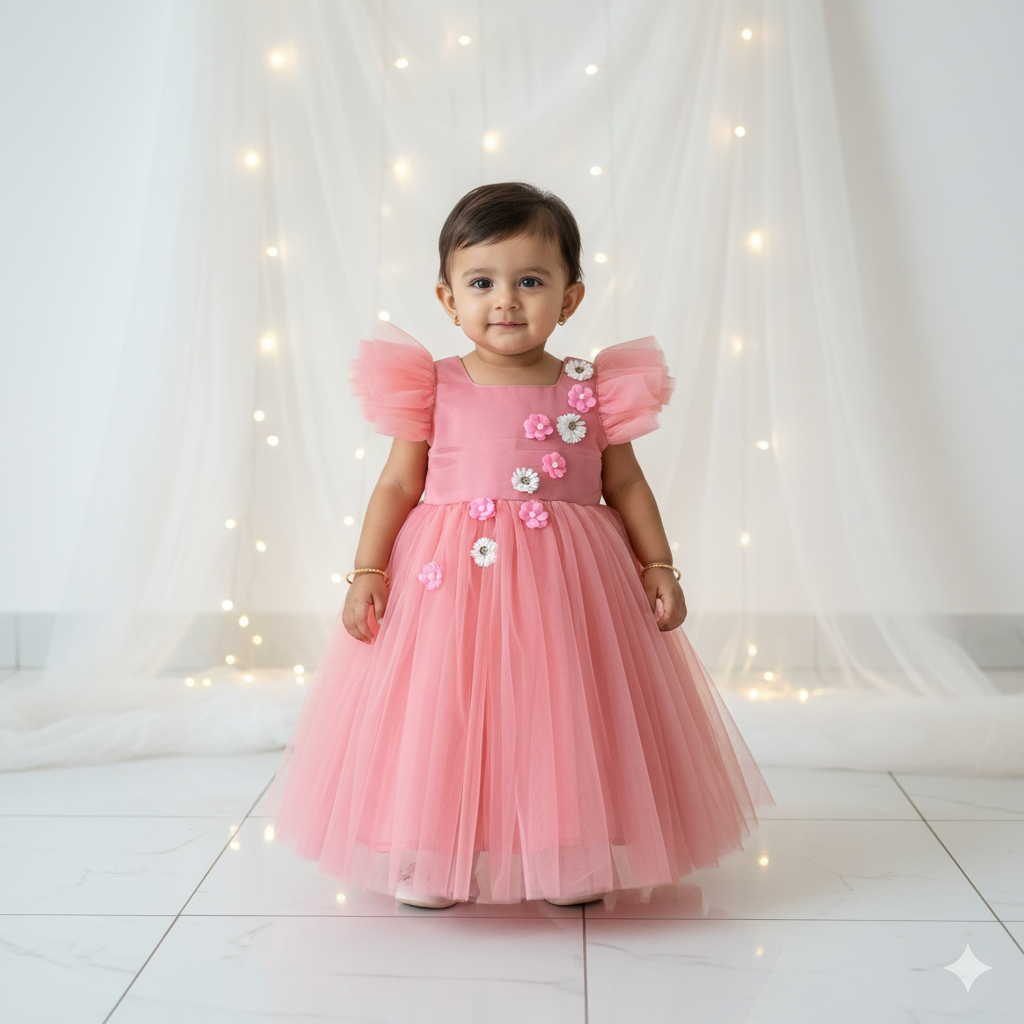 Peach Kids Birthday Frock  BG246