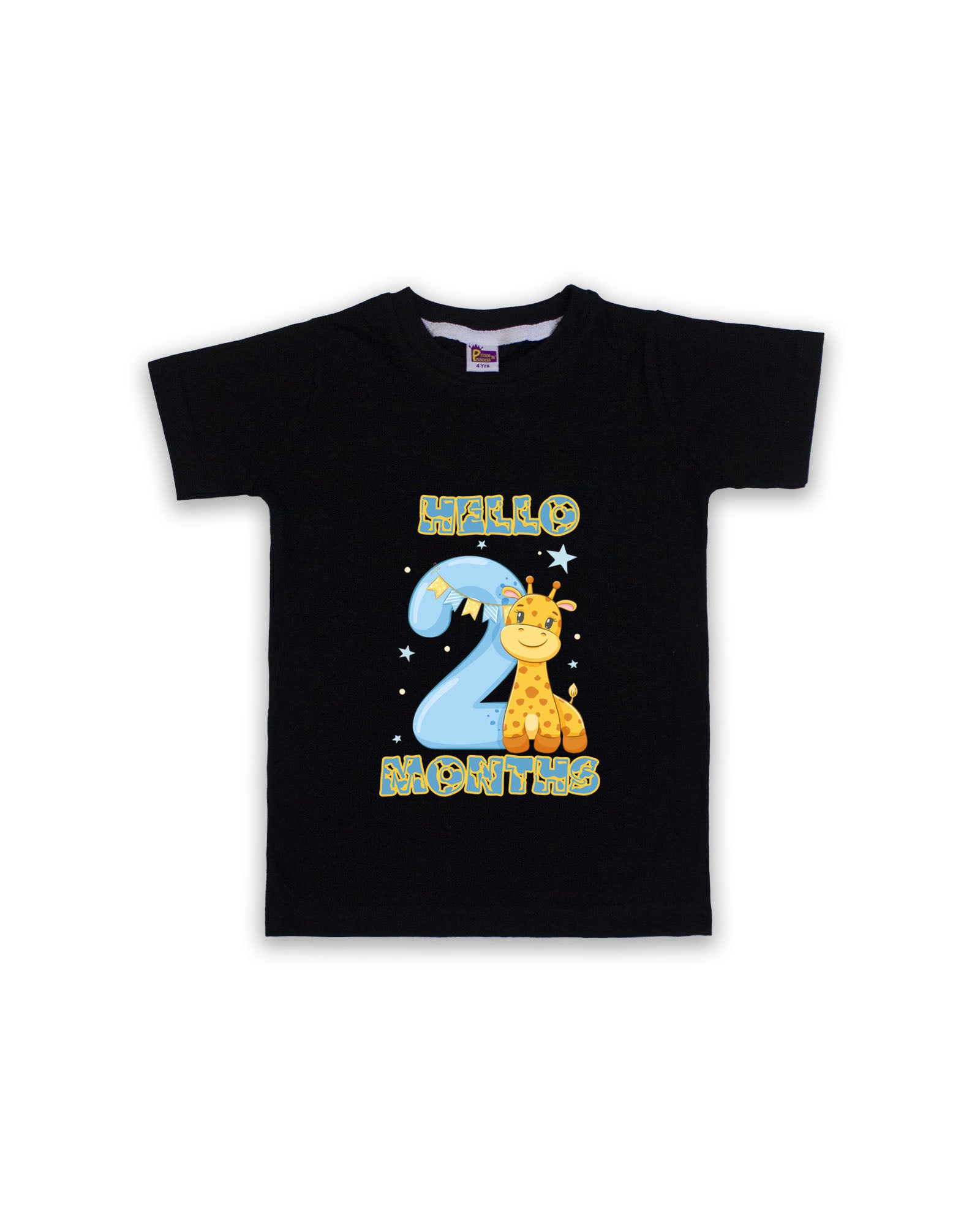 Newborn Black Tees "Hello 2 Months" – Soft Cotton | Giraffe & Stars Milestone Outfit | Short Sleeve Baby Tees NPT047