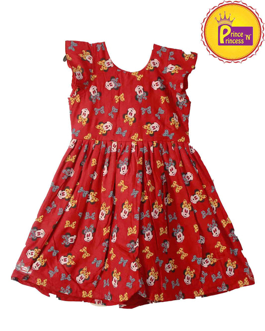 Kids Maroon Mickymouse Printed Cotton Frock CF110