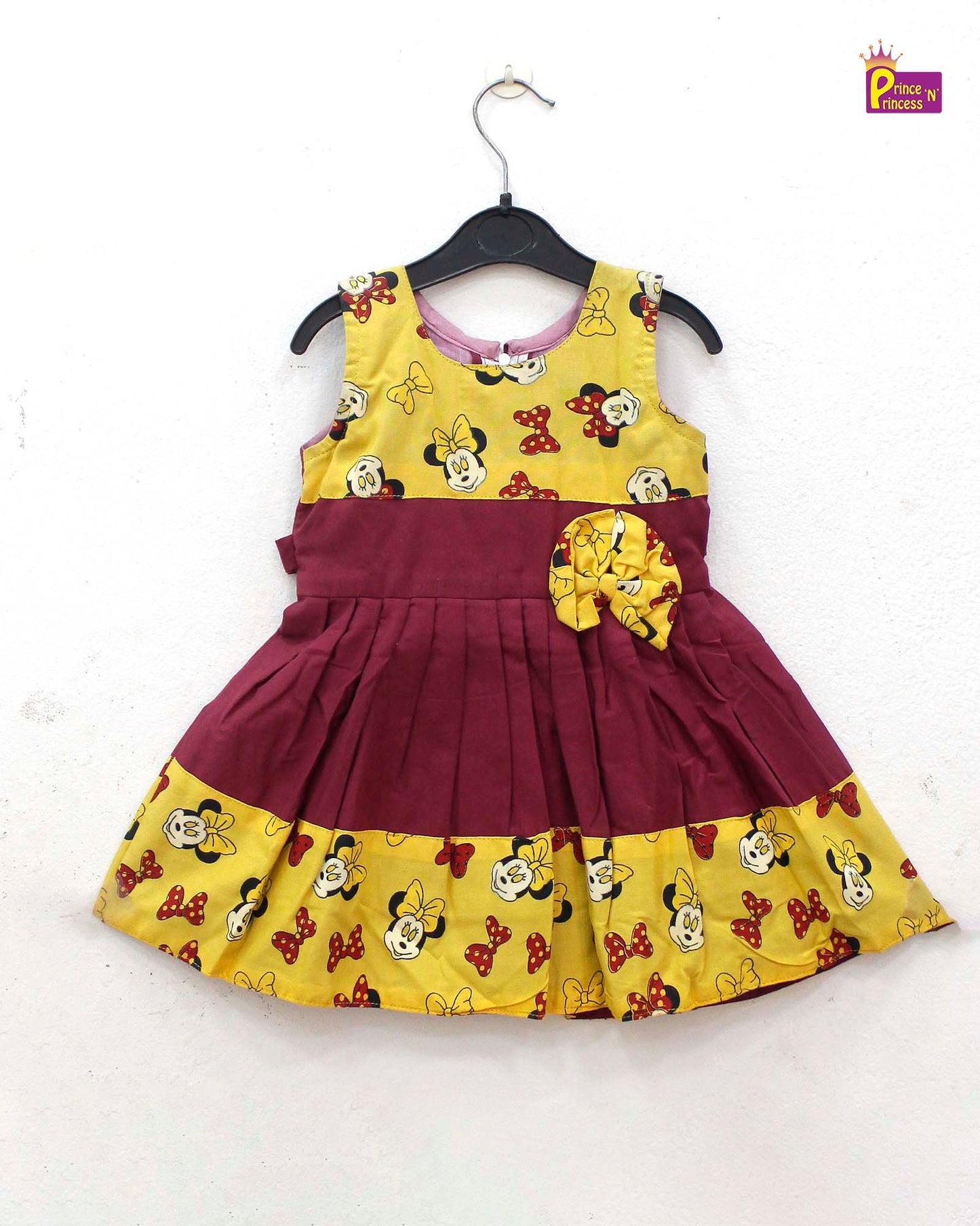 Kids Maroon with Yellow Mickymouse Printed Cotton Frock  CF141