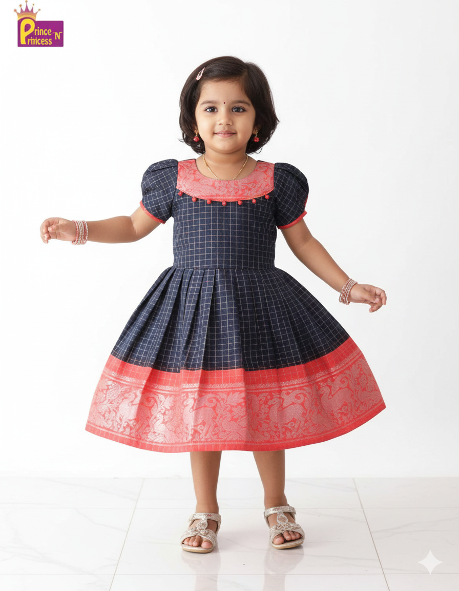 Prince N Princess Navy With Red Sungudi Cotton Frock CF271