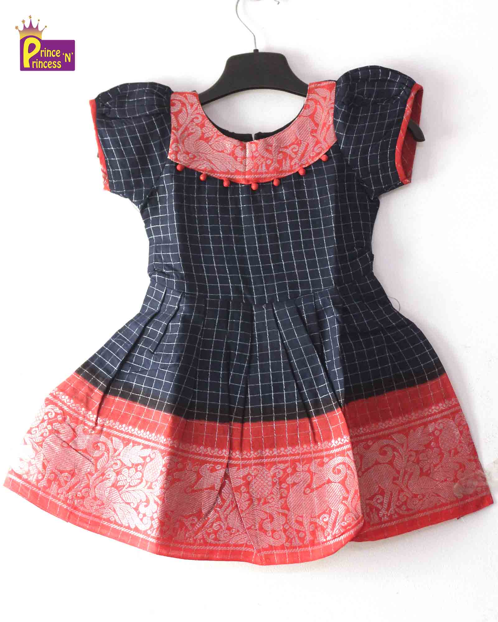Prince N Princess Navy With Red Sungudi Cotton Frock CF271