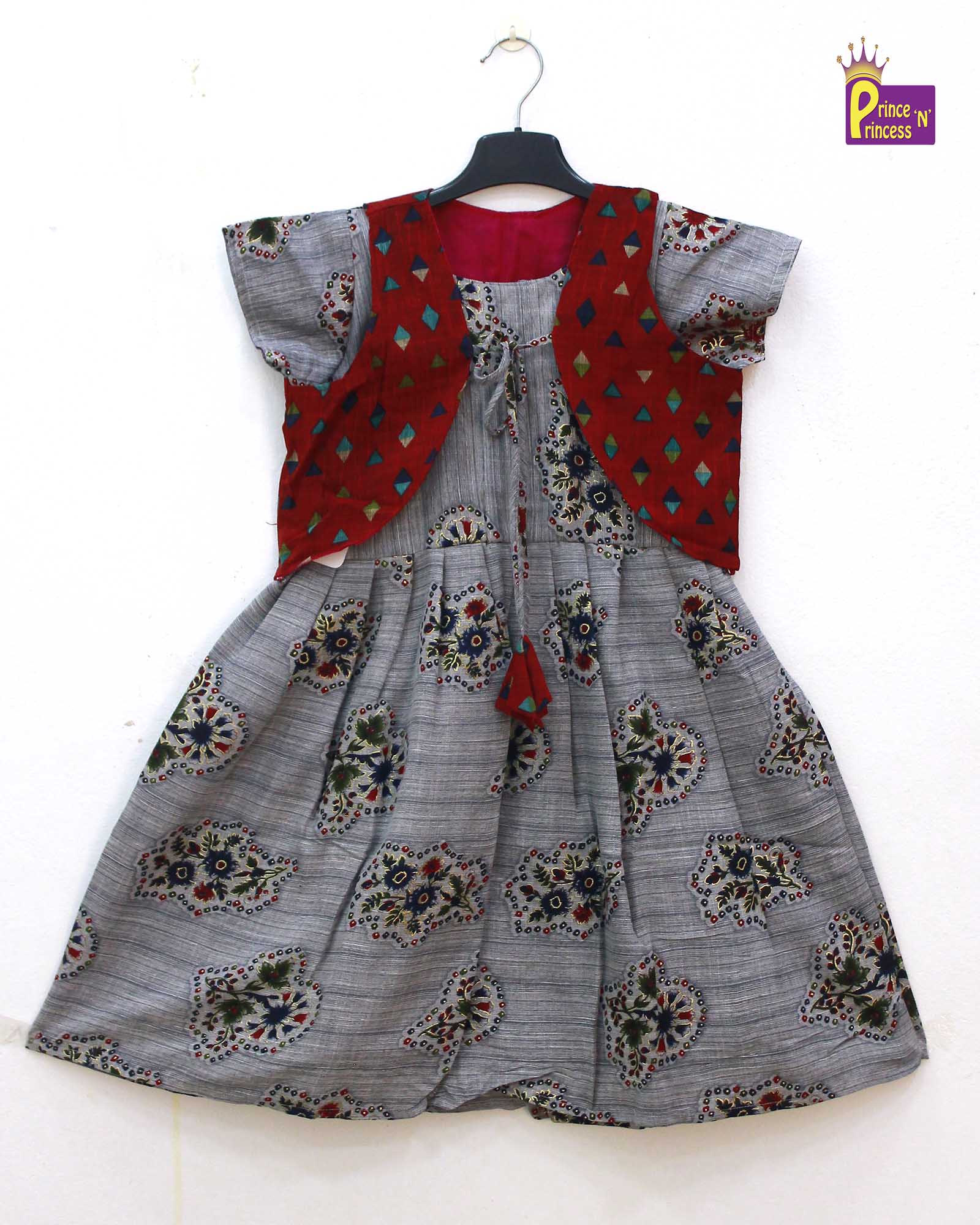 Cotton Maroon Grey Frock with Over coat Desgin CF280