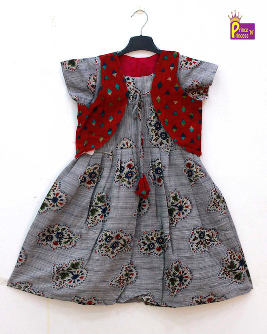 Cotton Maroon Grey Frock with Over coat Desgin CF280