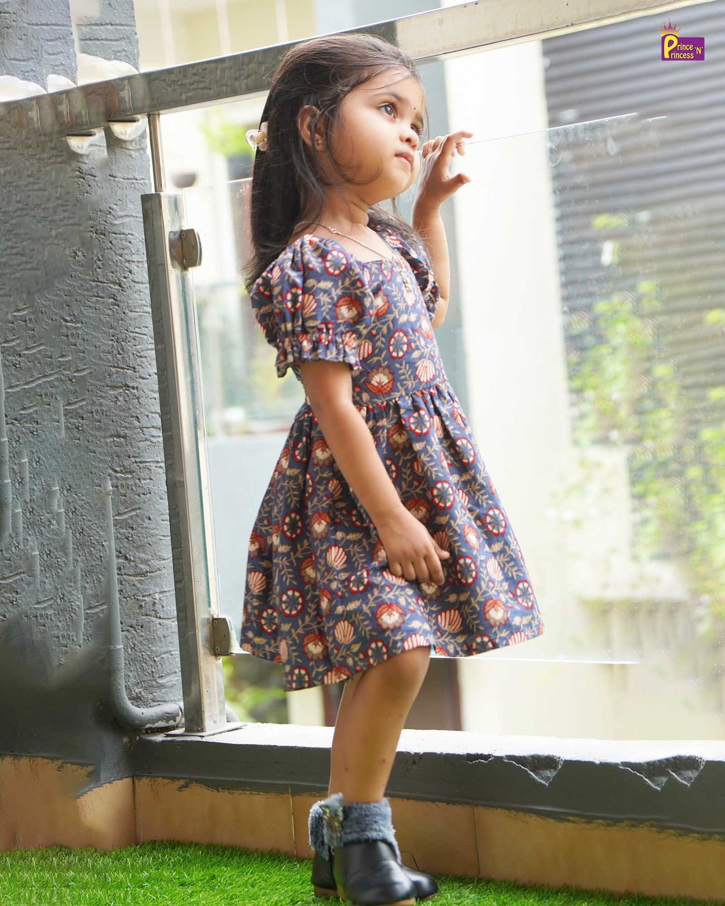 Kids Floral Grey Cotton Frock  CF318