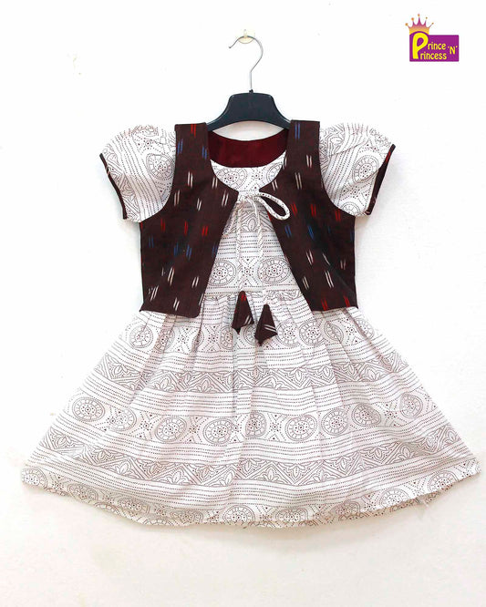 Kids Brown White Coat Cotton Frock  CF323