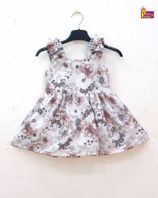 Kids Floral Grey White Cotton Frock  CF324