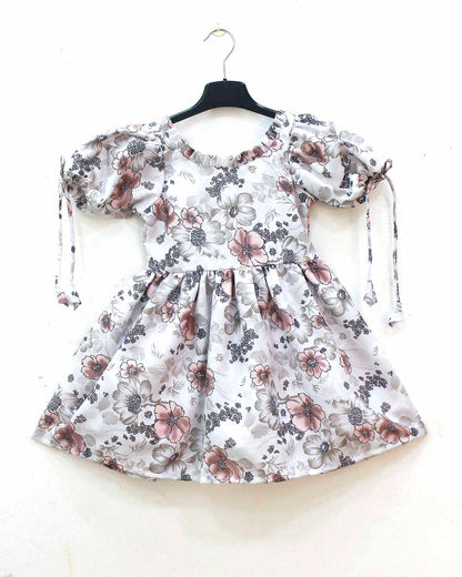 Kids Floral Grey White Cotton Frock  CF325