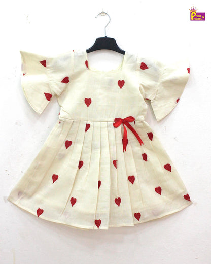 Kids Half White With Cute Red hearts Cotton Frock  CF330