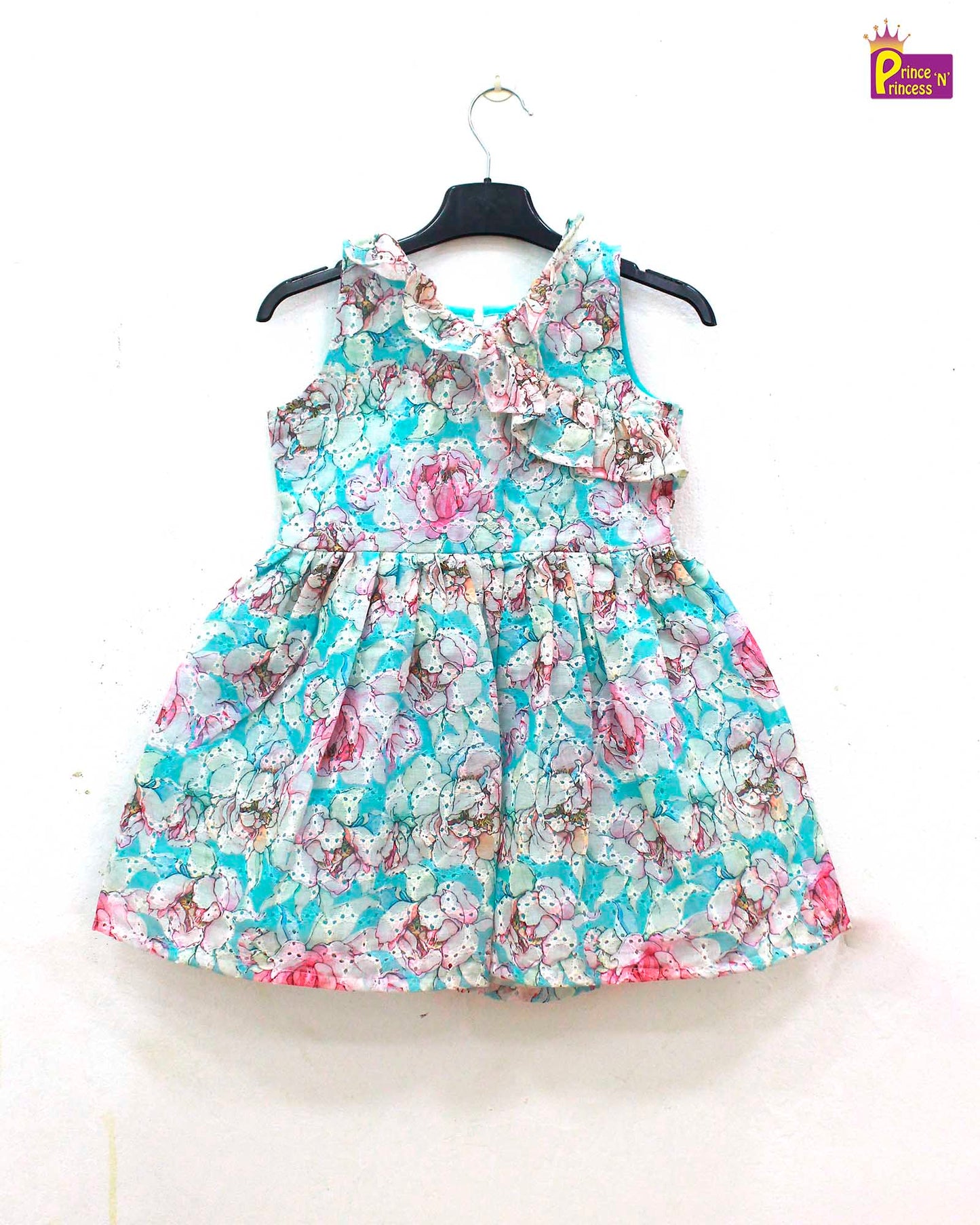 Kids Floral Skyblue Halfwhite hakoba Frock  CF338