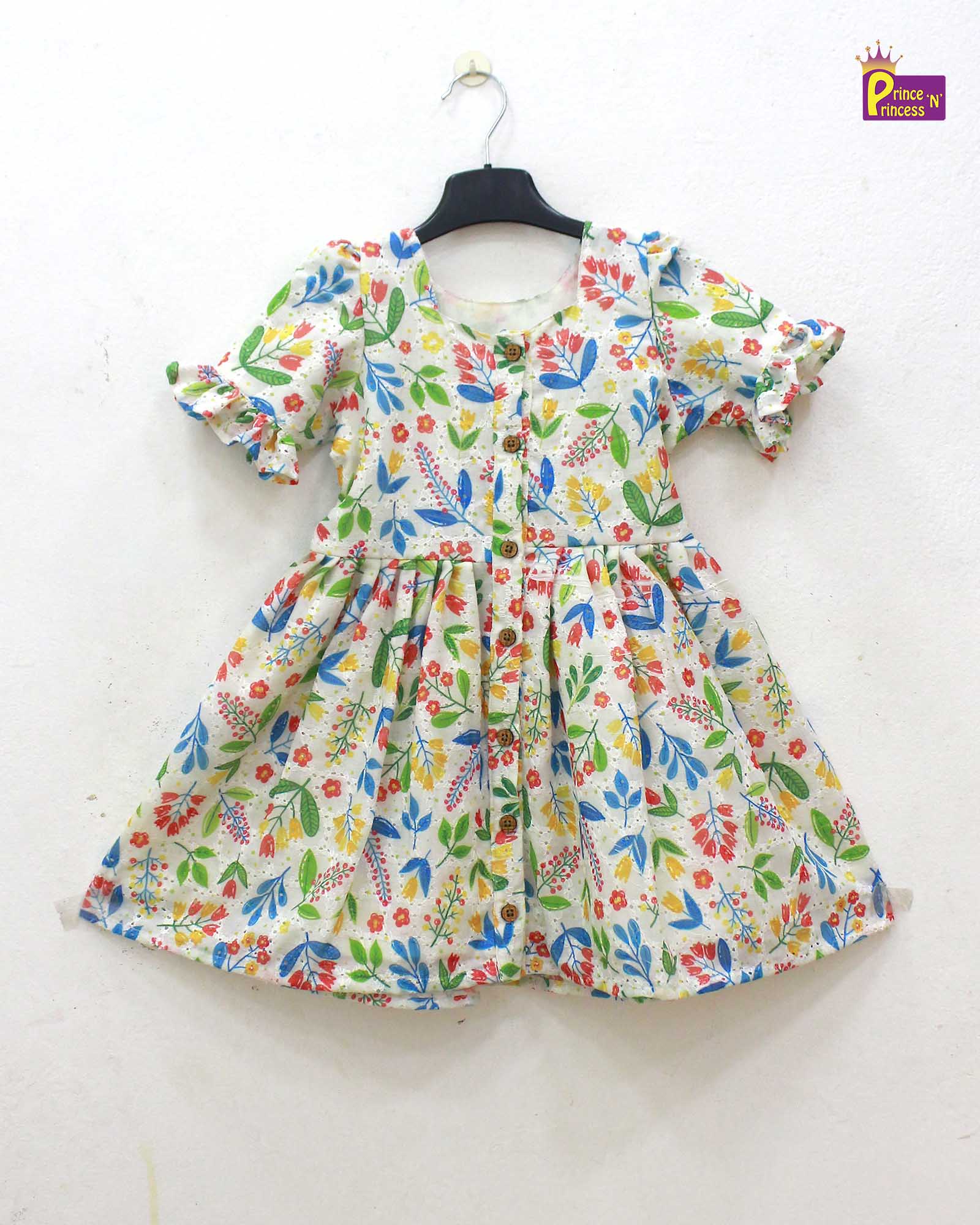 Toddler Floral Multi colour with Halfwhite hakoba Frock  CF341