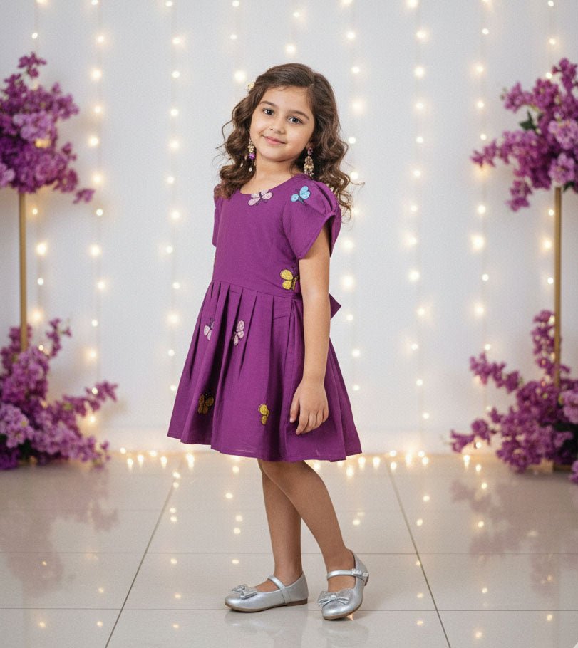 Kids Wine With Butterfly Printed Cotton Frock CF386