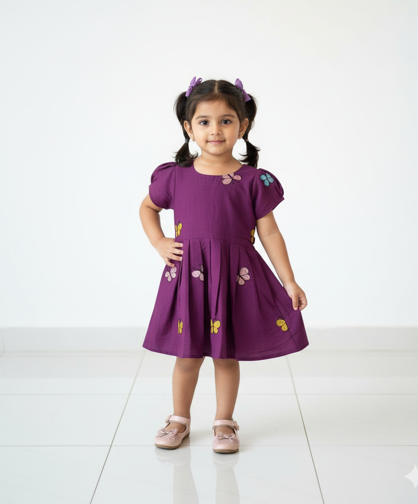 Kids Wine With Butterfly Printed Cotton Frock CF386