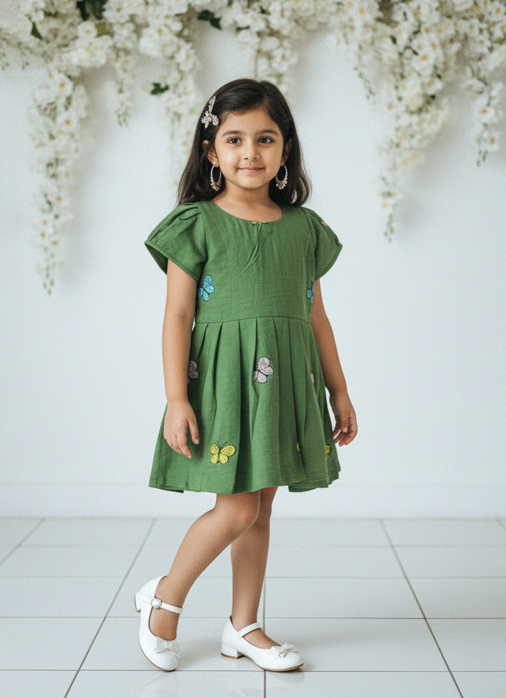 Kids Green With Printed Butterfly Cotton Frock CF387