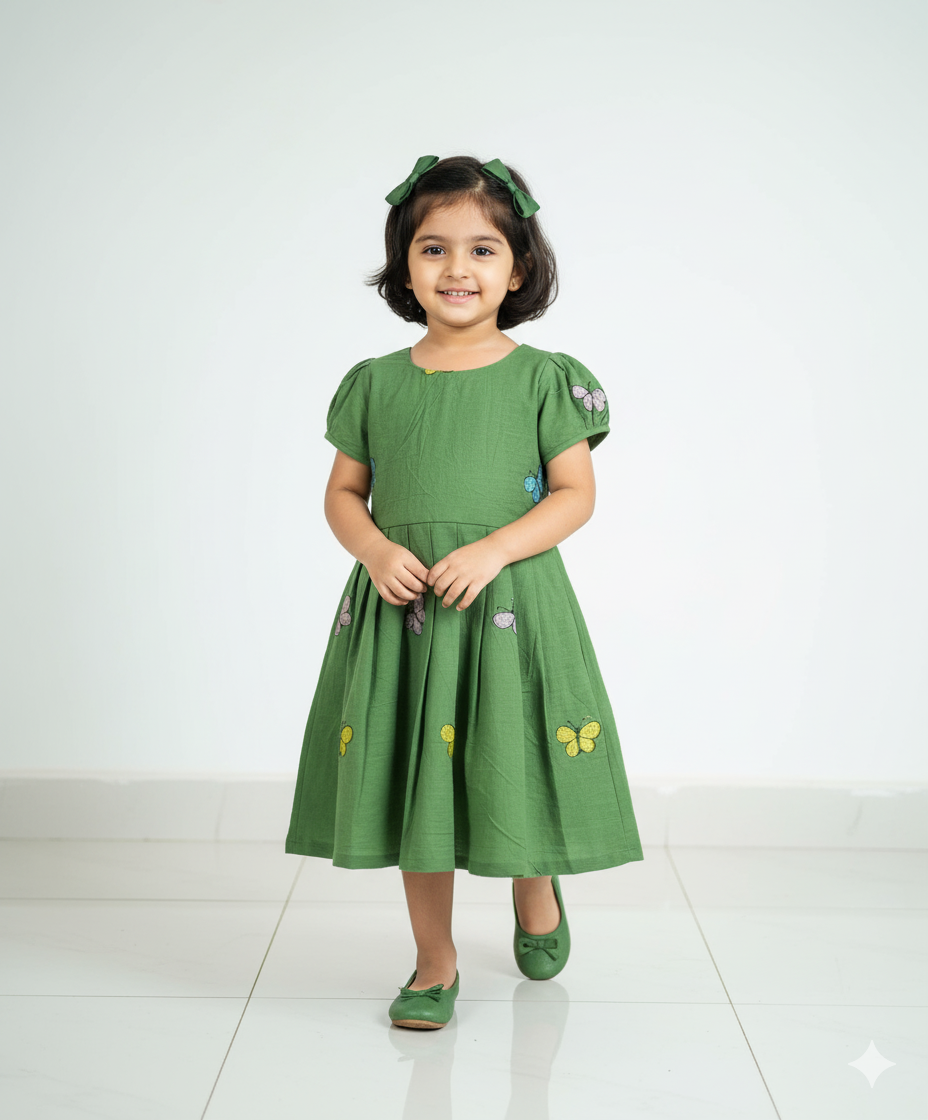 Kids Green With Printed Butterfly Cotton Frock CF387