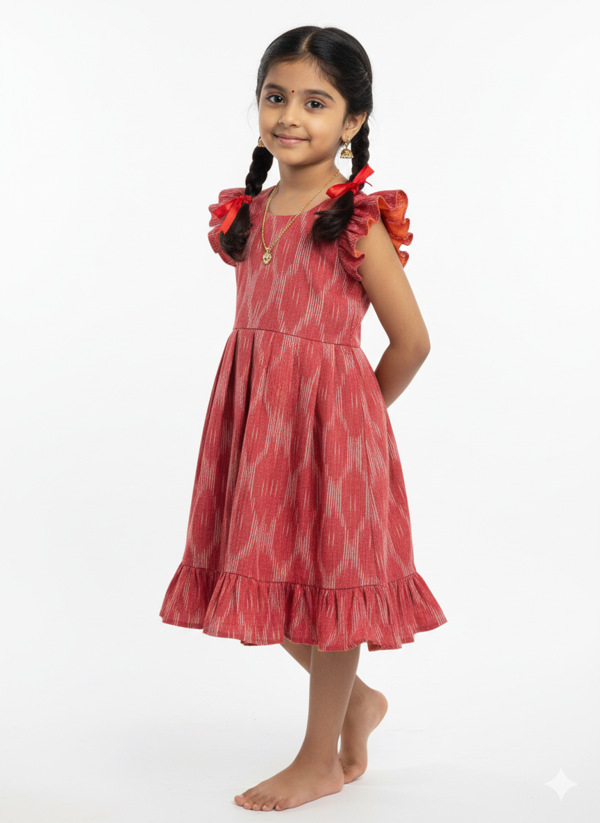 Kids peach Ikkat Cotton Frock CF392