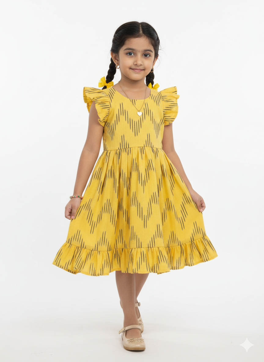 Kids yellow Ikkat Cotton Frock CF393