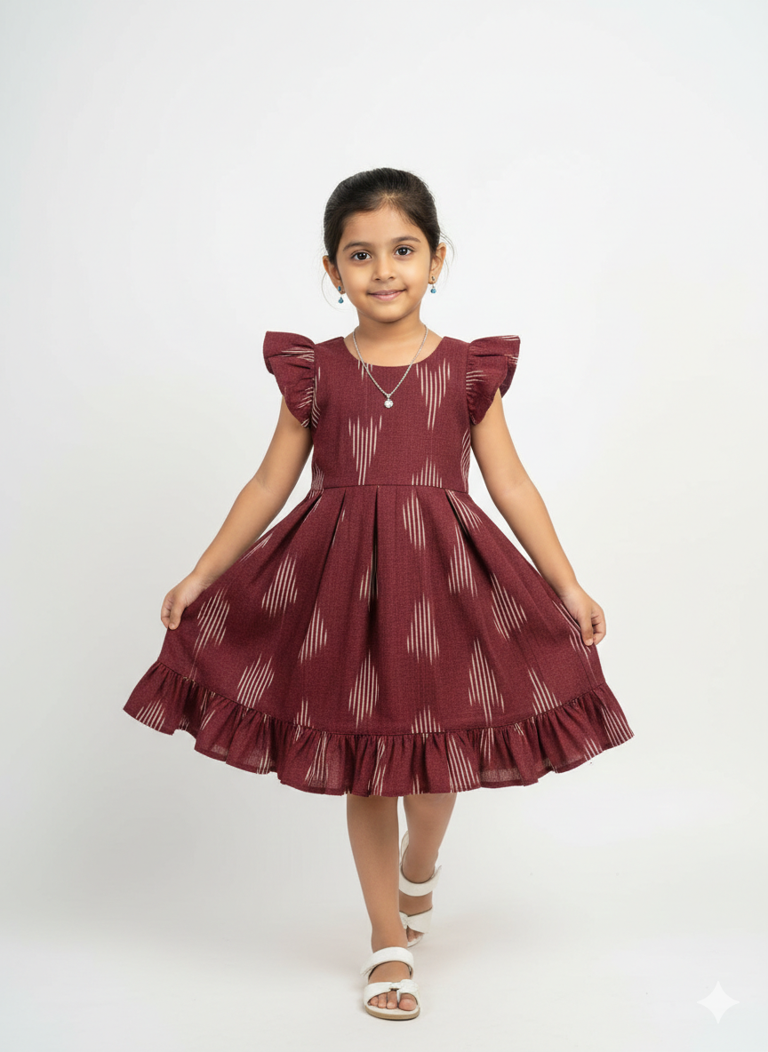 Kids maroon Ikkat Cotton Frock CF394