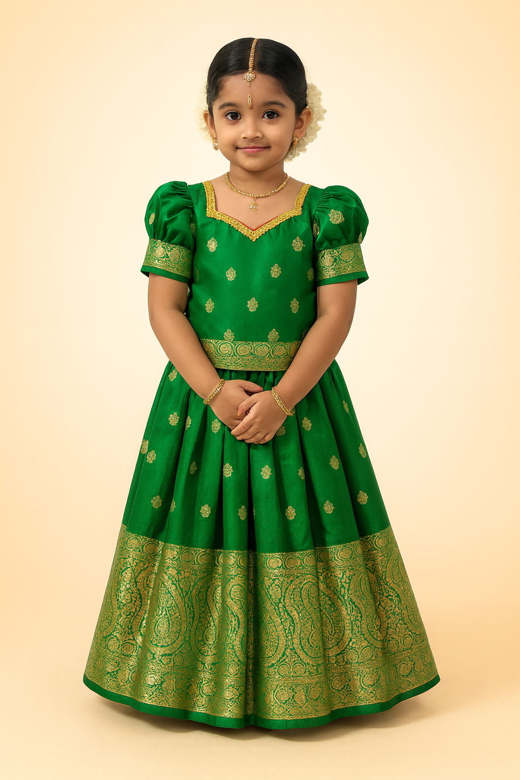 Kids Green Big Border Traditional Pattu Pavadai  PPP1101