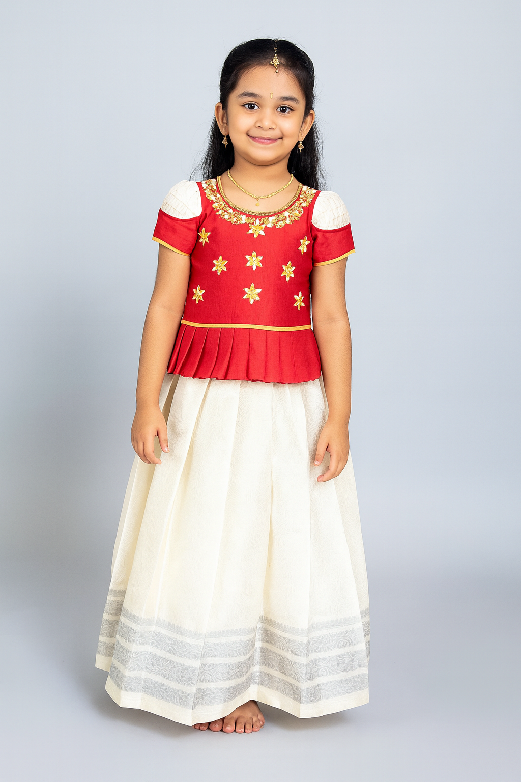 Kids Red And Half White Aari Work Traditional Pattu Pavadai PPP1174