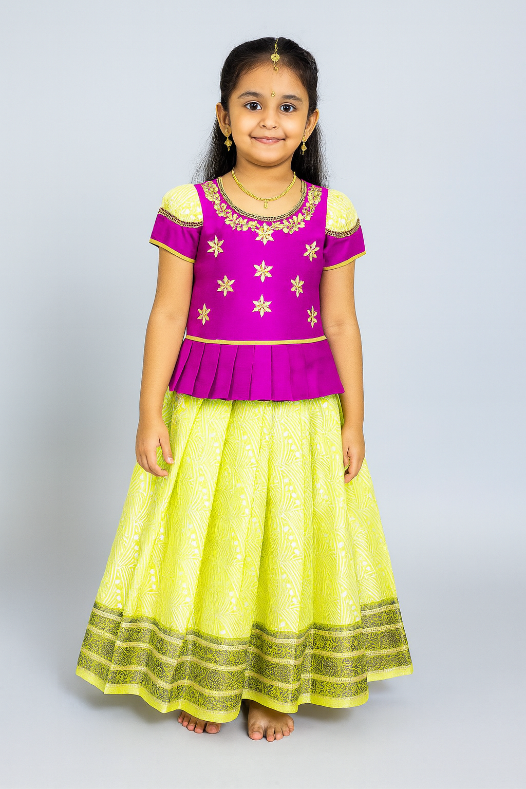 Product Kids Magenta And Yellow Aari Work Traditional Pattu Pavadai  PPP1136