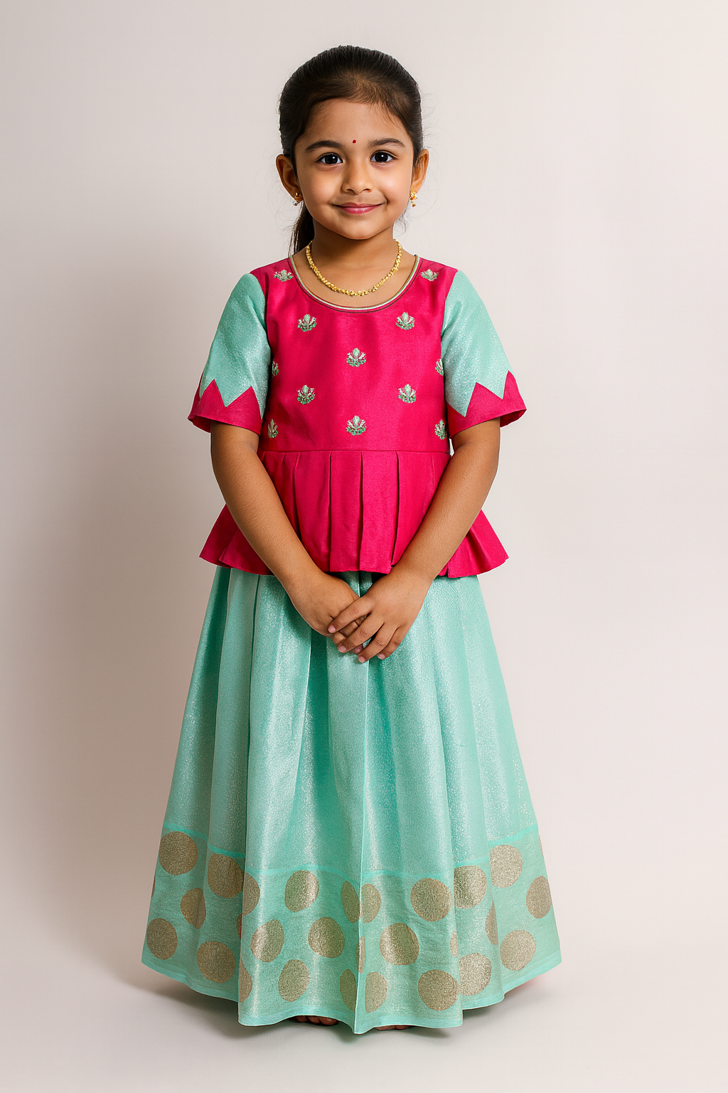 Prince N Princess  Pink With Skyblue  AARI Work pattu Pavadai PPP1360