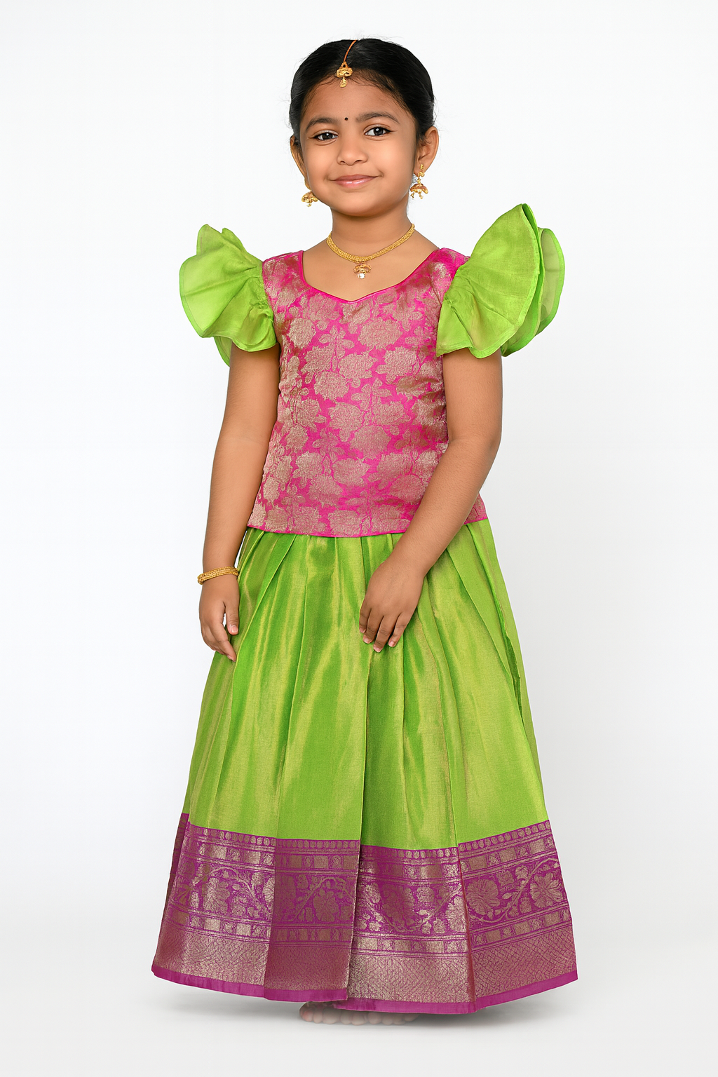 Kids Pink with Green Traditional Pattupavadai PPP1614