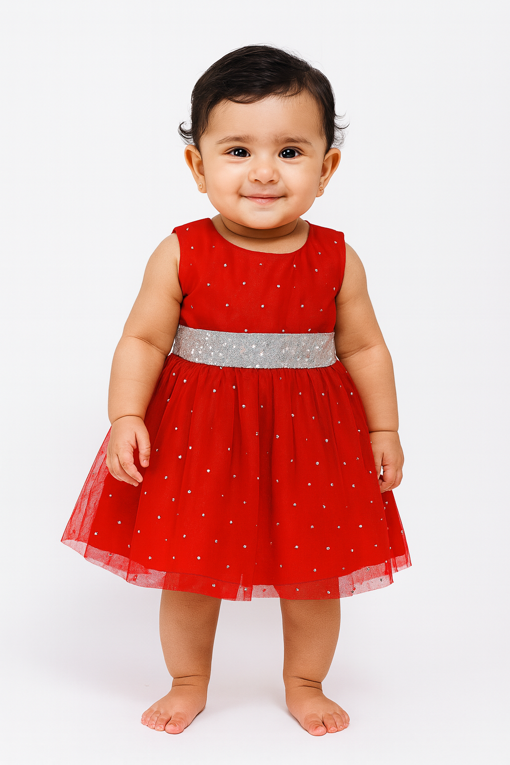 Kids Red Netted Party Frock LDF225