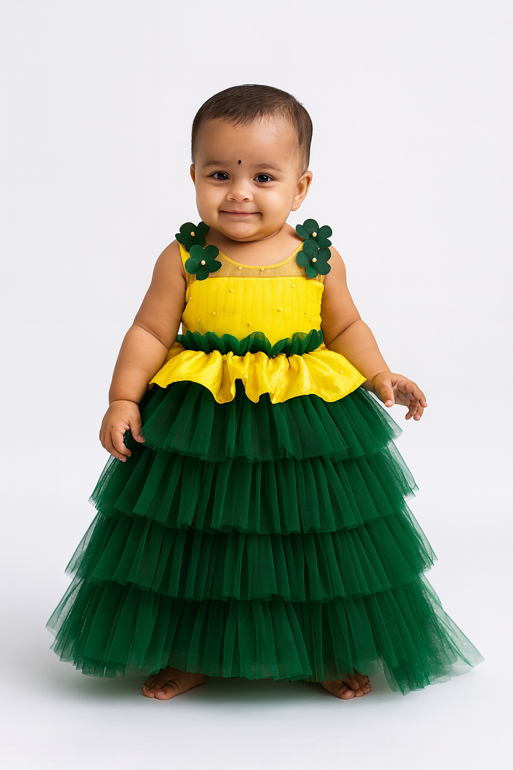 Kids Green with Yellow Girls Party Gown BG160