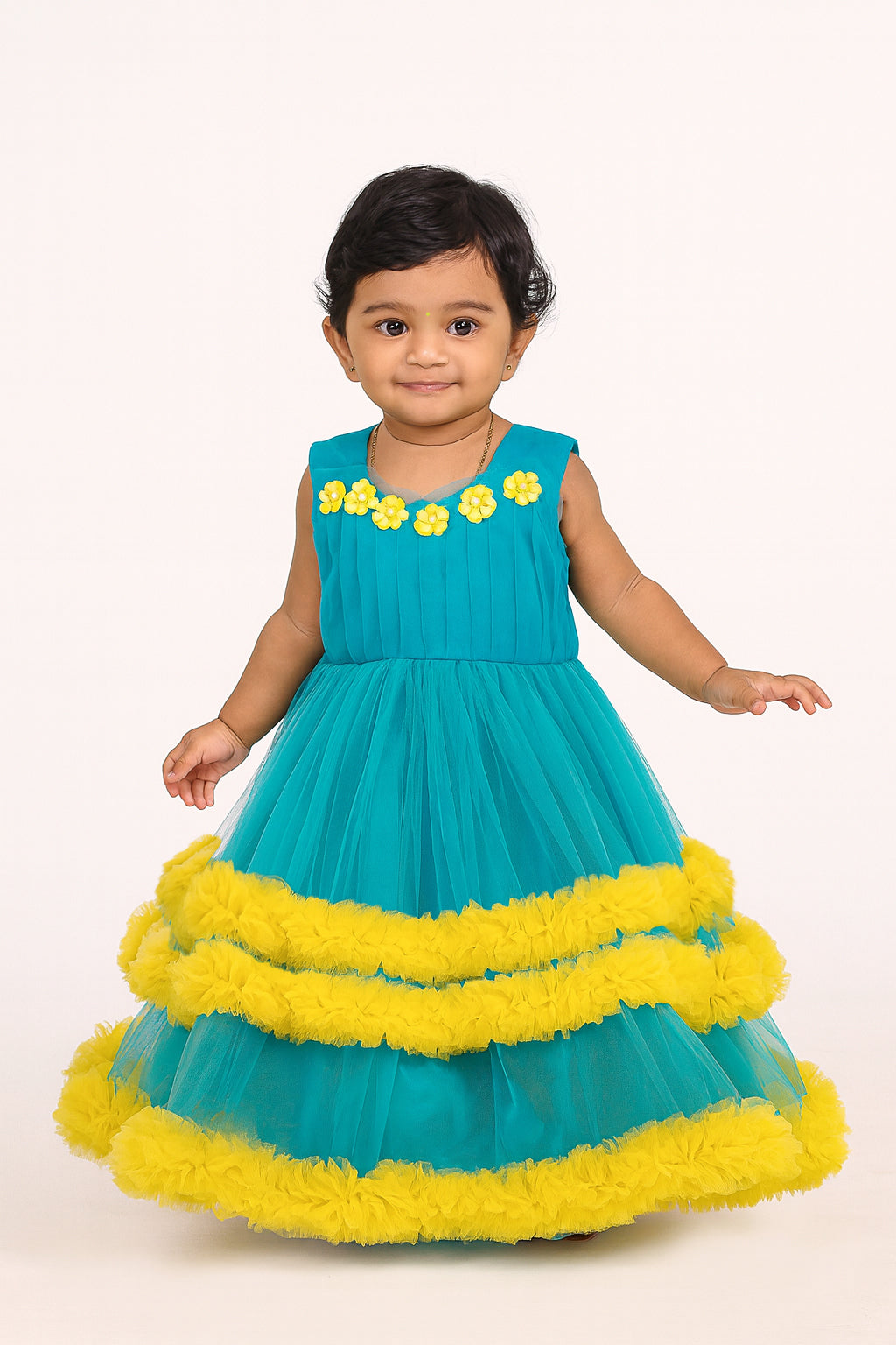 Kids Peacock Blue Yellow Party Frock BG210