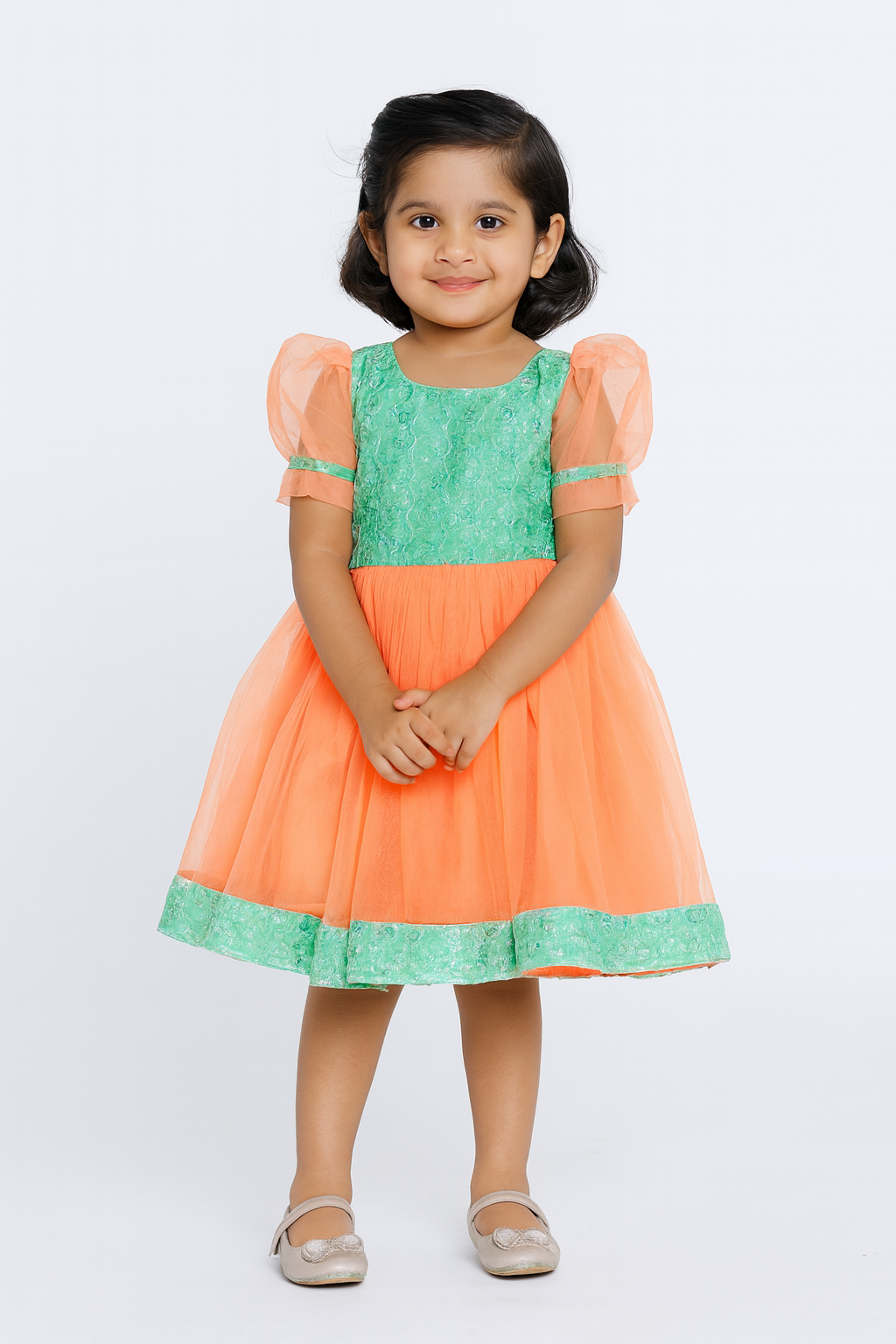 Green Embroidery net with Peach Party Frock LDF295