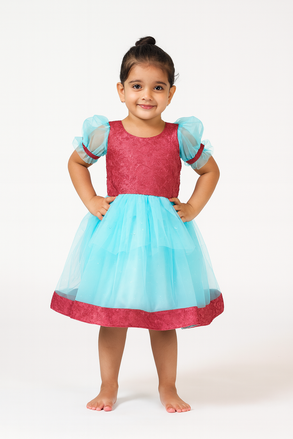 Kids Pink Embroidery net with Sky Blue Party Frock LDF294