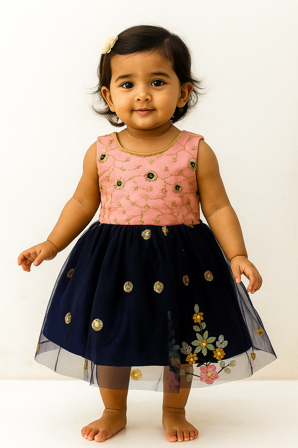 Kids Navy blue Pink  Party Frock LDF313