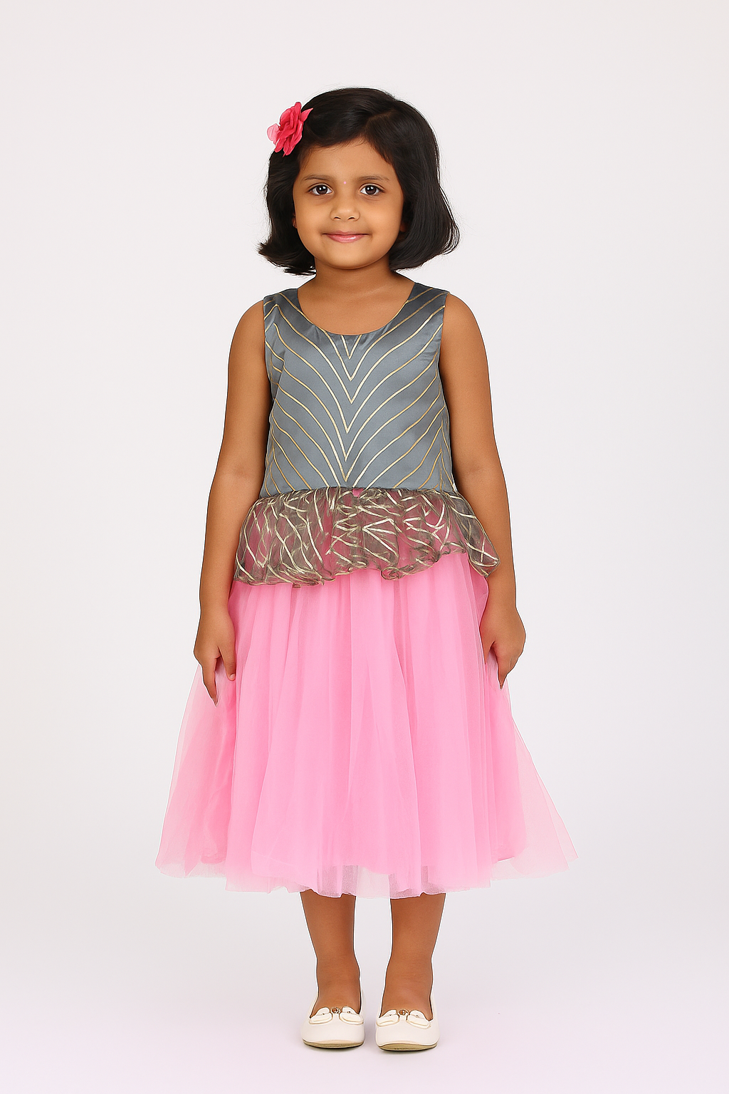 Kids Baby pink and Grey  Party Frock LDF299
