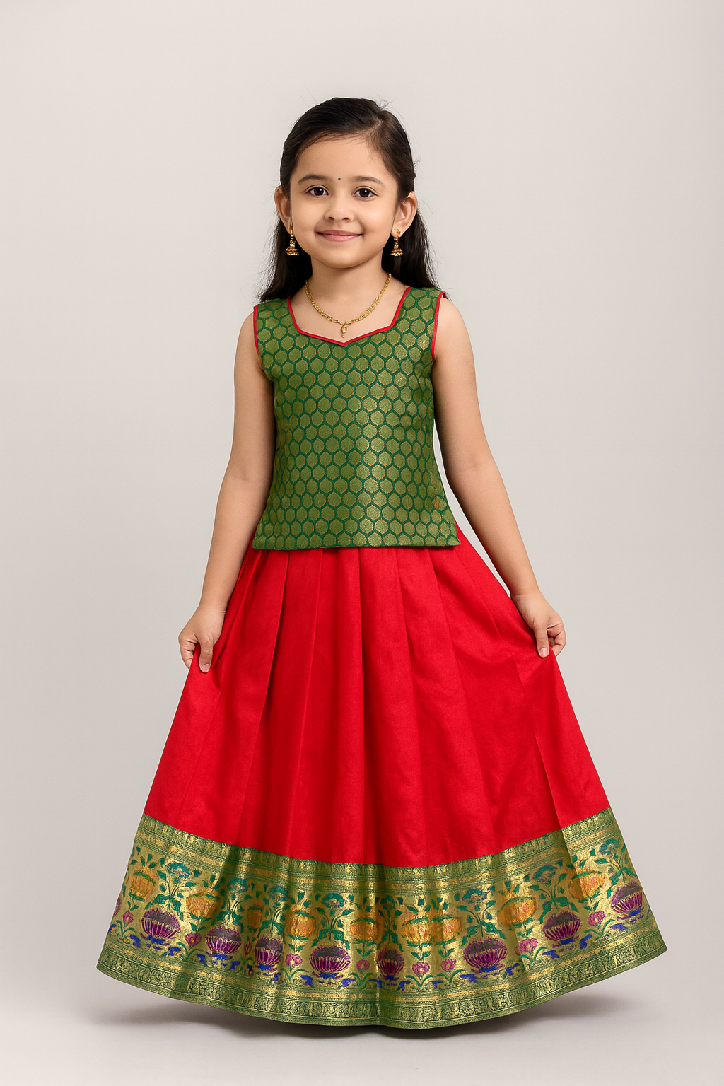 Kids Red and green Traditional Pattupavadai PPP1585