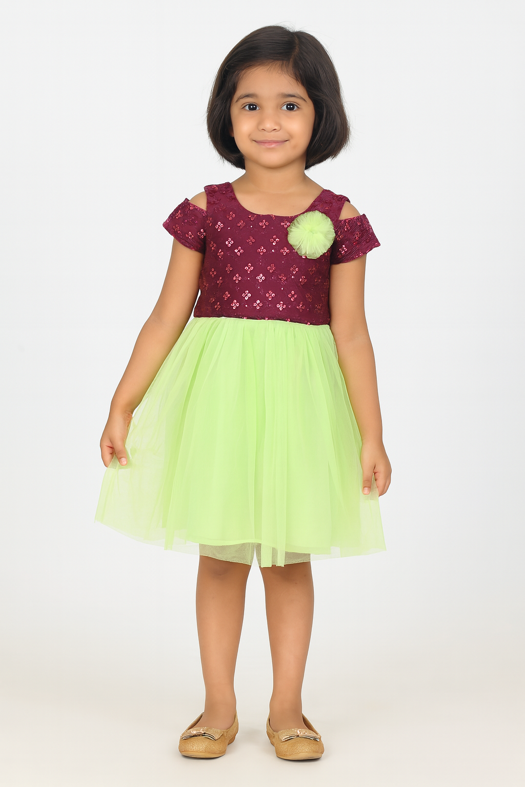 Kids Pista Green And Whine  Party Frock LDF248