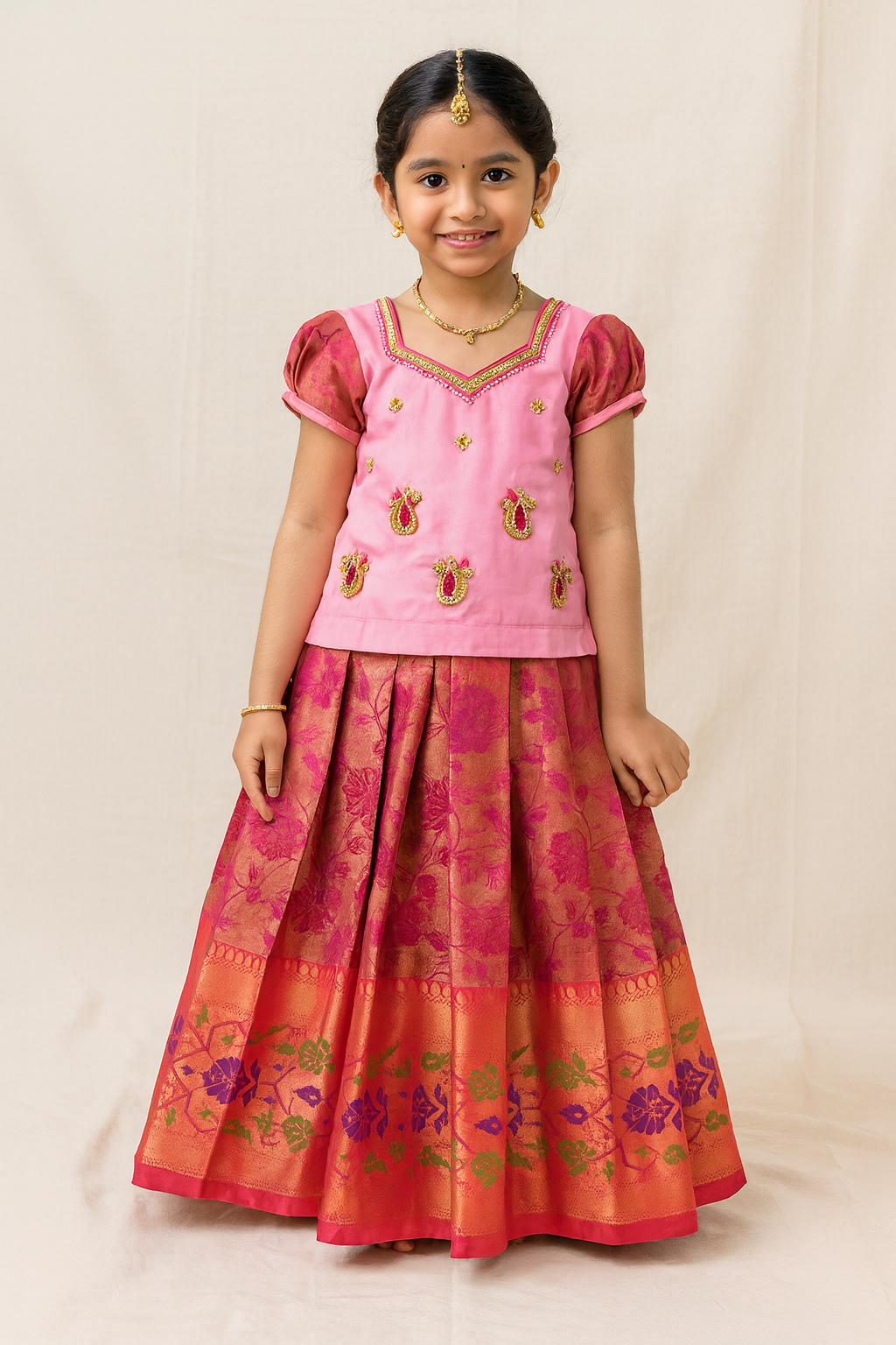 Kids Grand Pink Embroidery Aari Work Pattupavadai  PPP1150