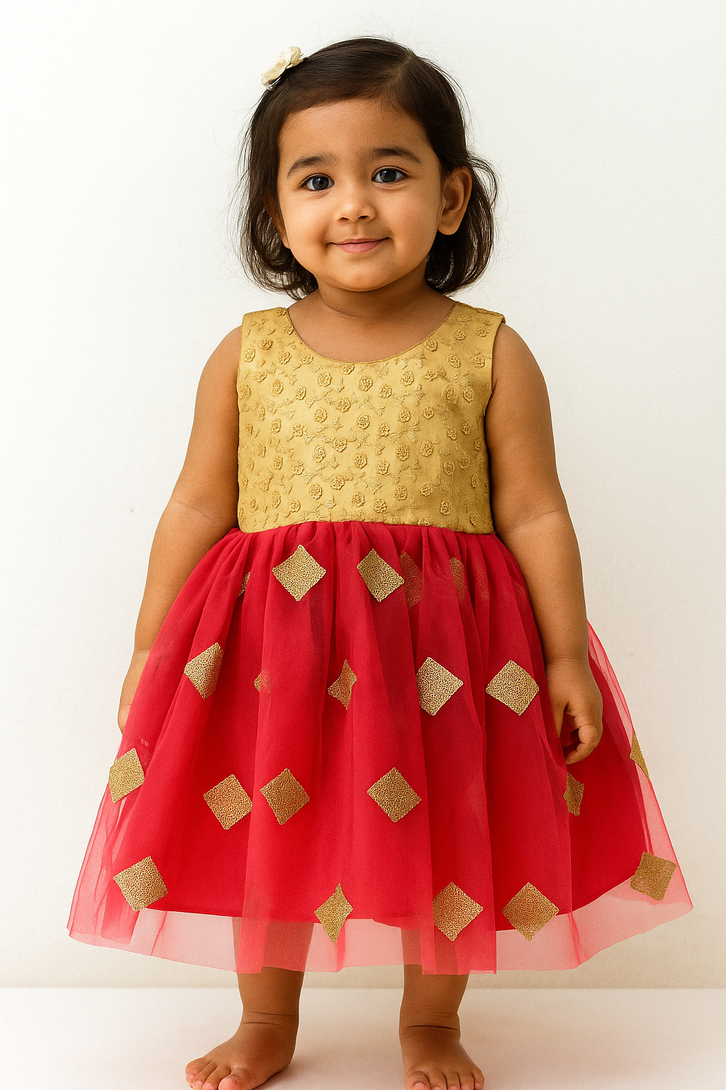 Kids Red with Biege Party Frock LDF302