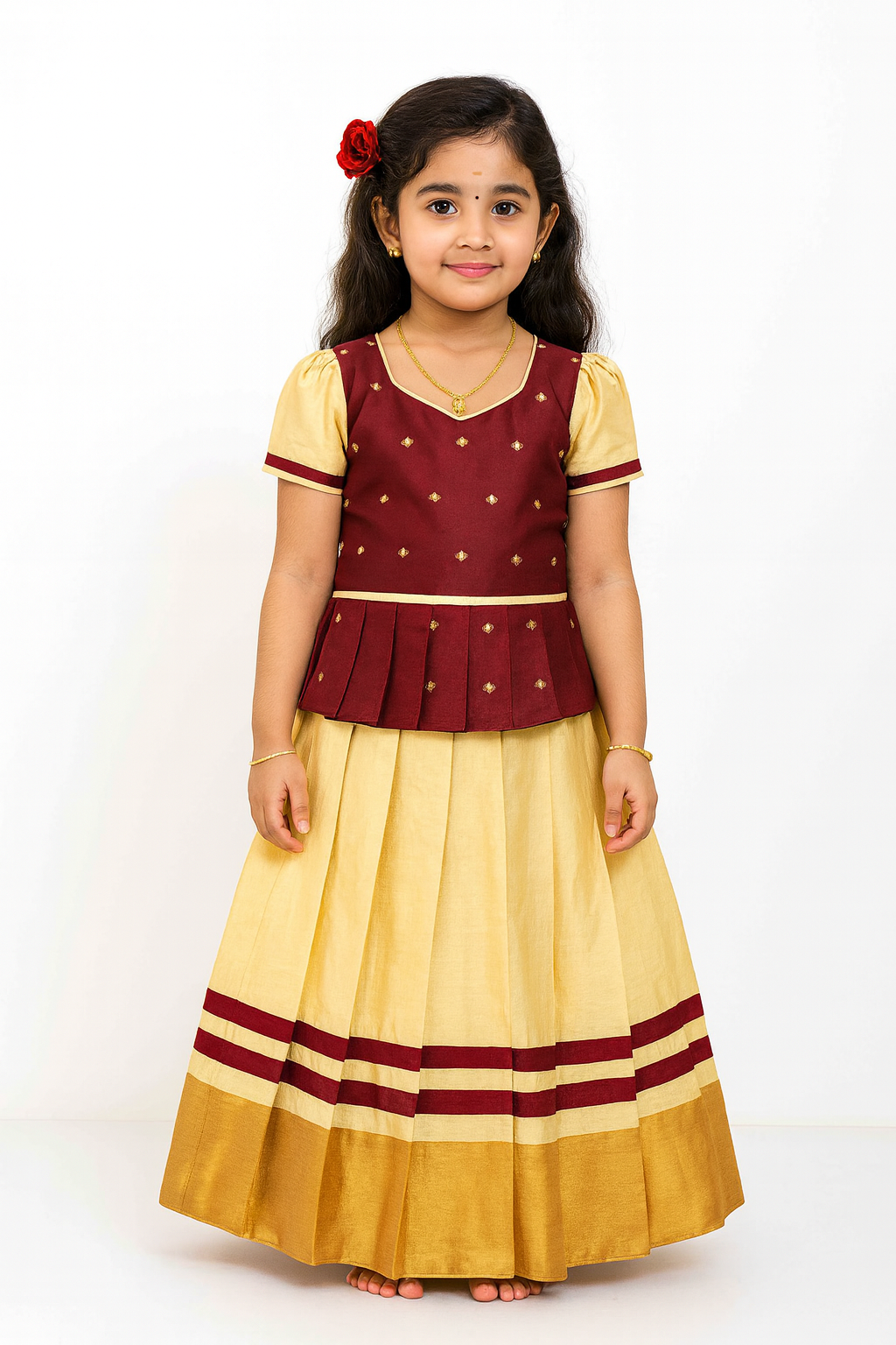 Kids Maroon And Half white Traditional Pattu Pavadai PPP1256