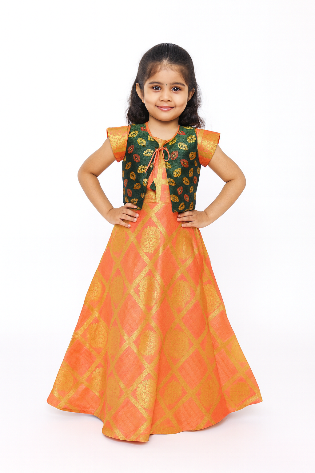 Kids Orange Green Ethnic Coat Gown PG422