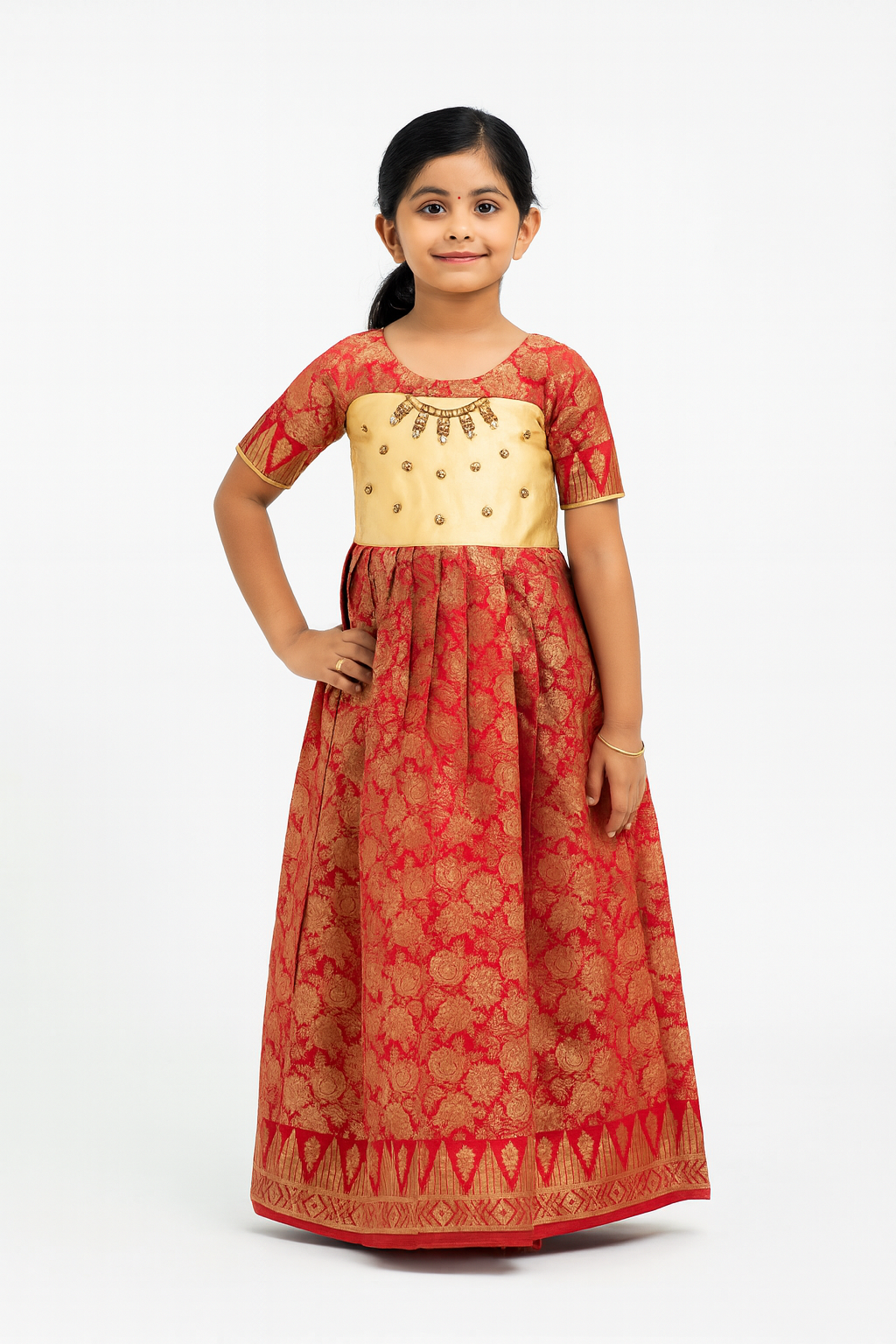 Prince N Princess Red Beige AARI work Pattu Gown PG382