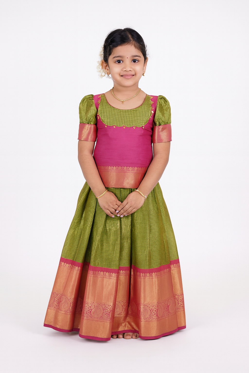 Kids Light Green with Pink Traditional Pattupavadai PPP1704