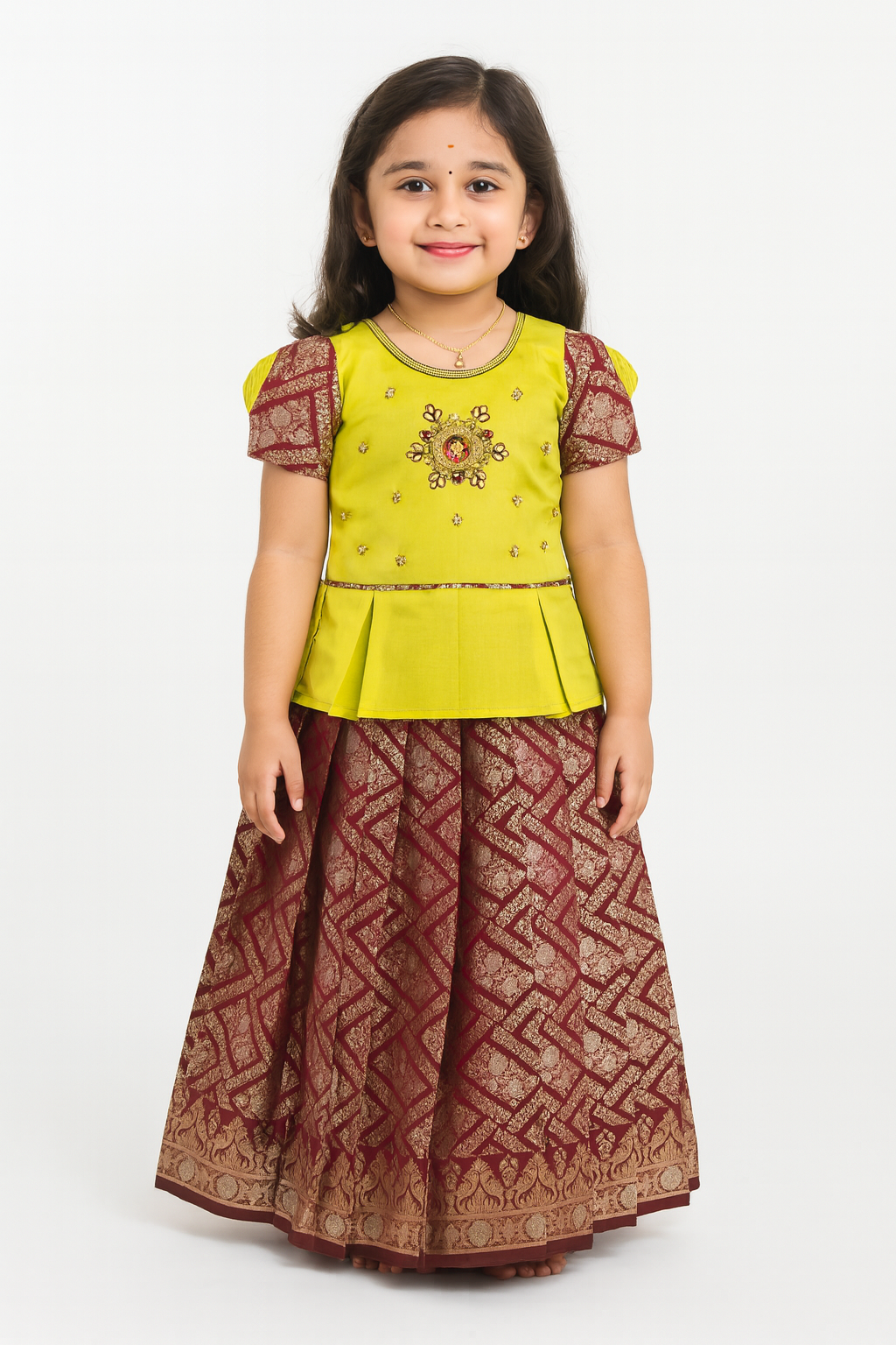 Kids Green and Maroon Traditional AARI Work pattu Pavadai PPP1535