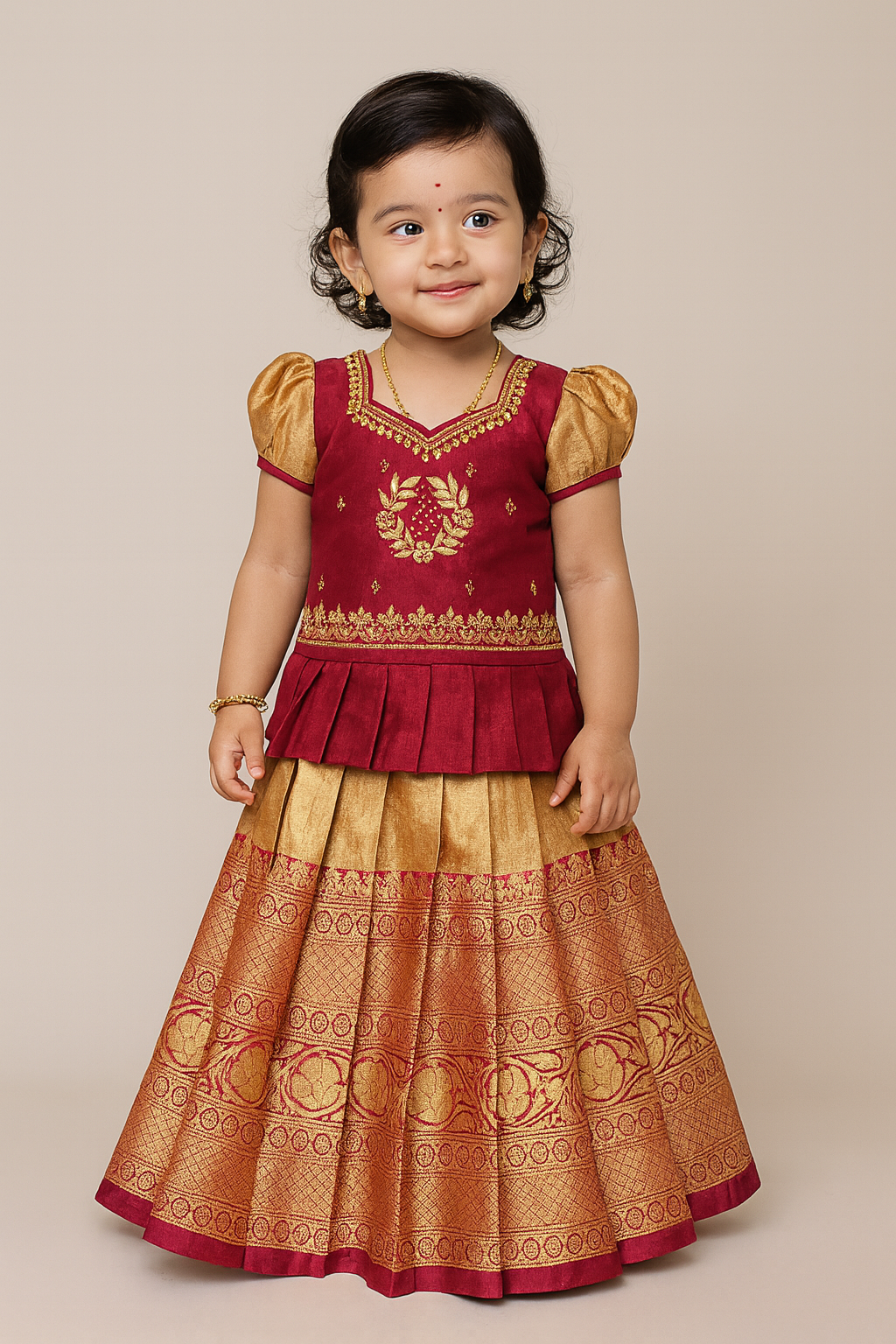 Kids Maroon AARI Work Tissue Designer Pattu Pavadai PPP1108