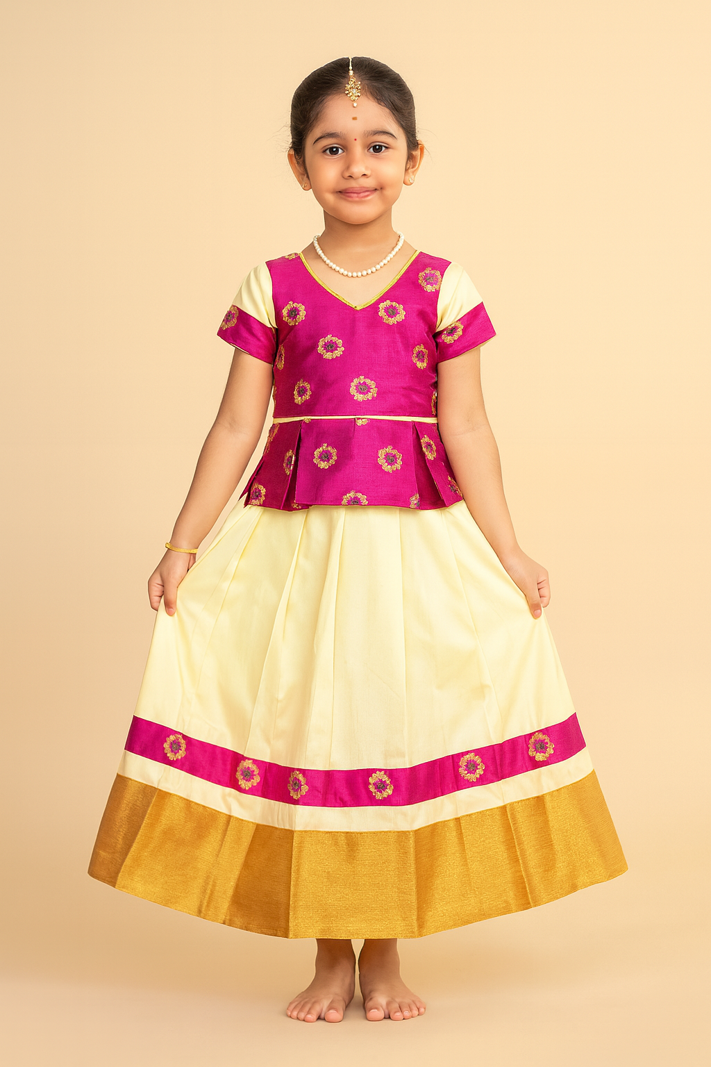 Kids Pink And Half white Traditional Pattu Pavadai PPP1346
