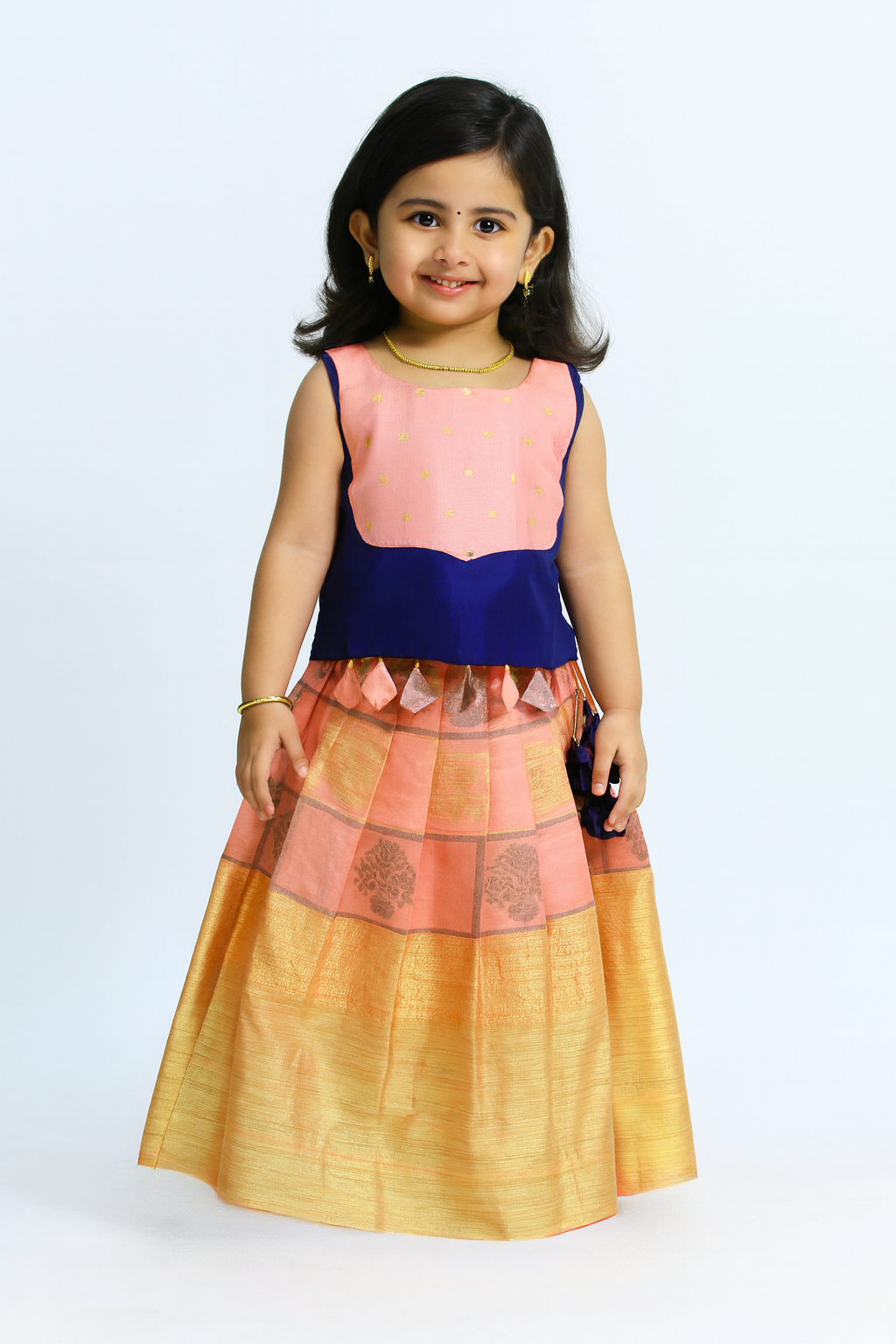 Kids Peach and Navy Blue Trendy Pattu pavadai PPP1760