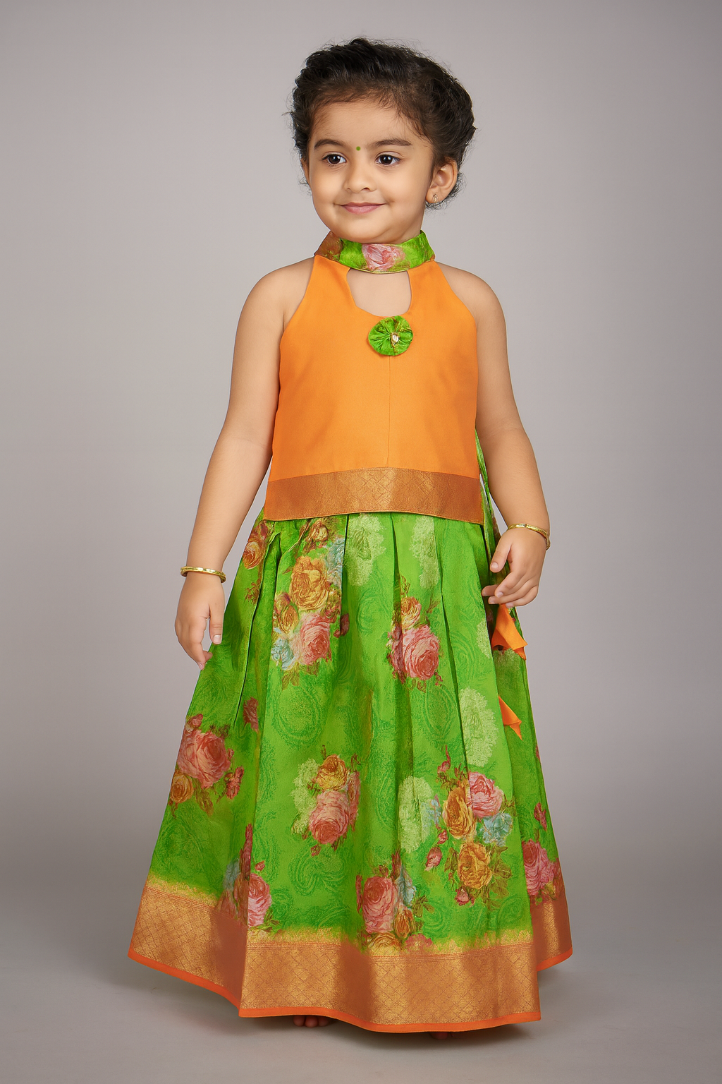 Kids Peach Halter Neck with Green Banarasi Digital Print Pattu pavadai PPP1281