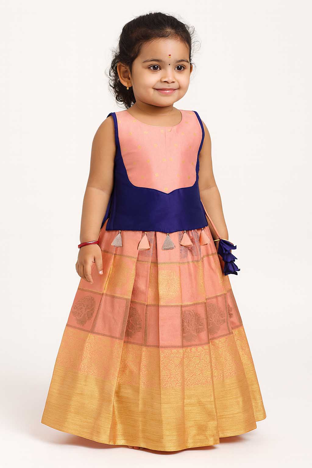 Kids Peach and Navy Blue Trendy Pattu pavadai PPP1760