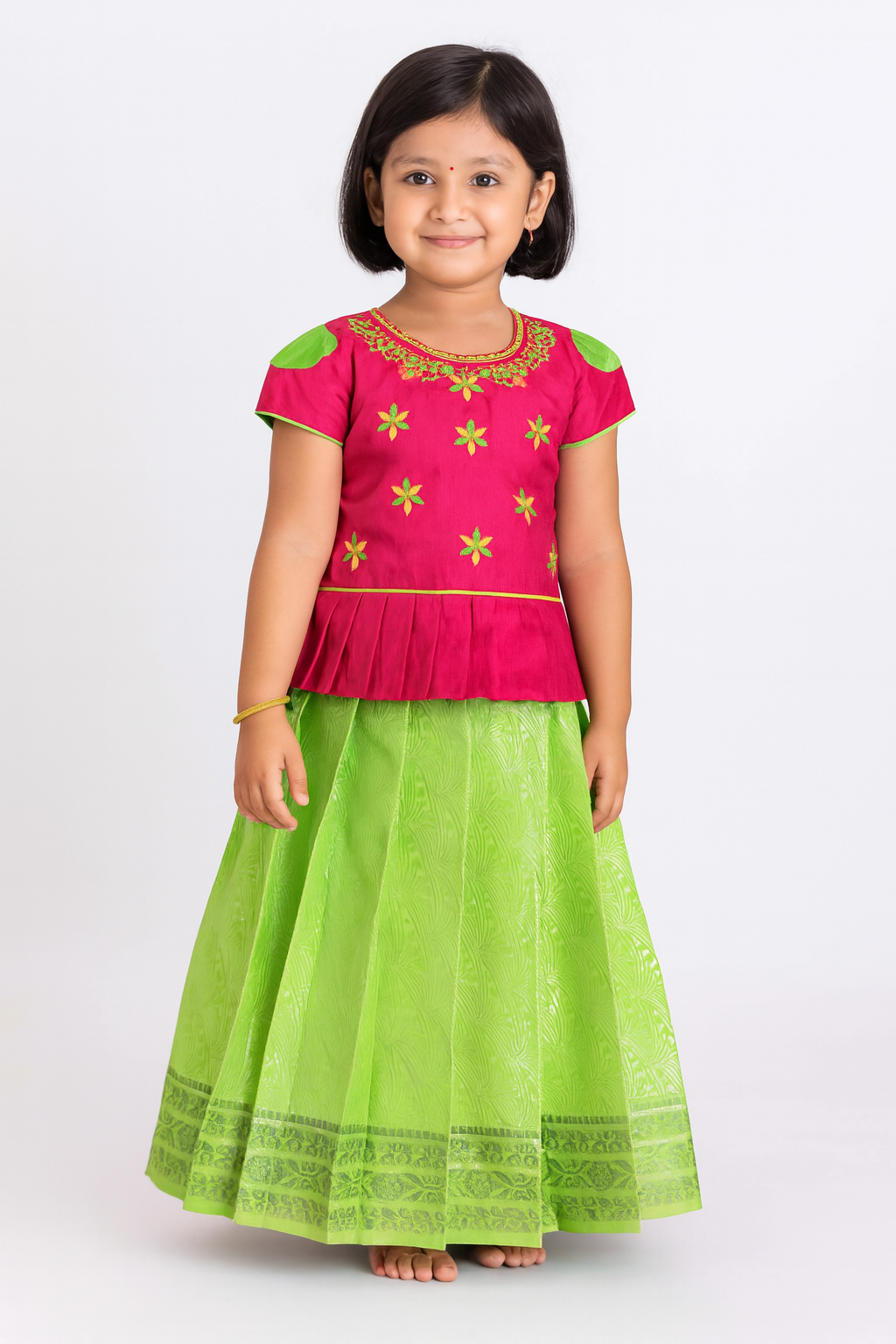 Kids Pink And Green Aari Work Traditional Pattu Pavadai  PPP1180