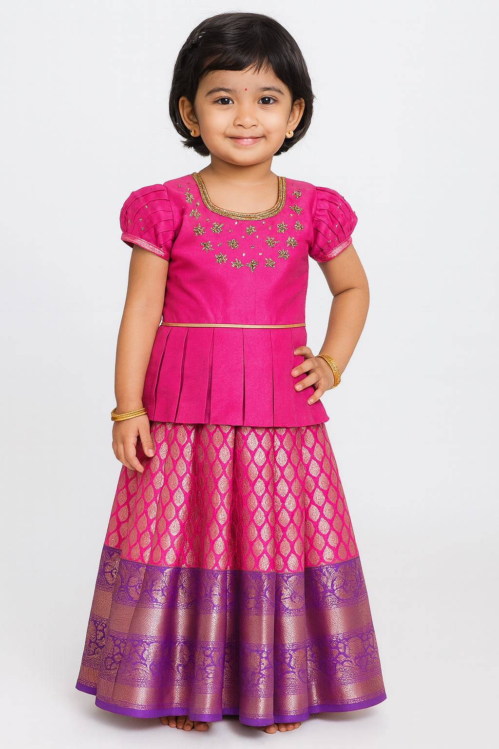 Kids Pink Traditional AARI Work pattu Pavadai PPP1498